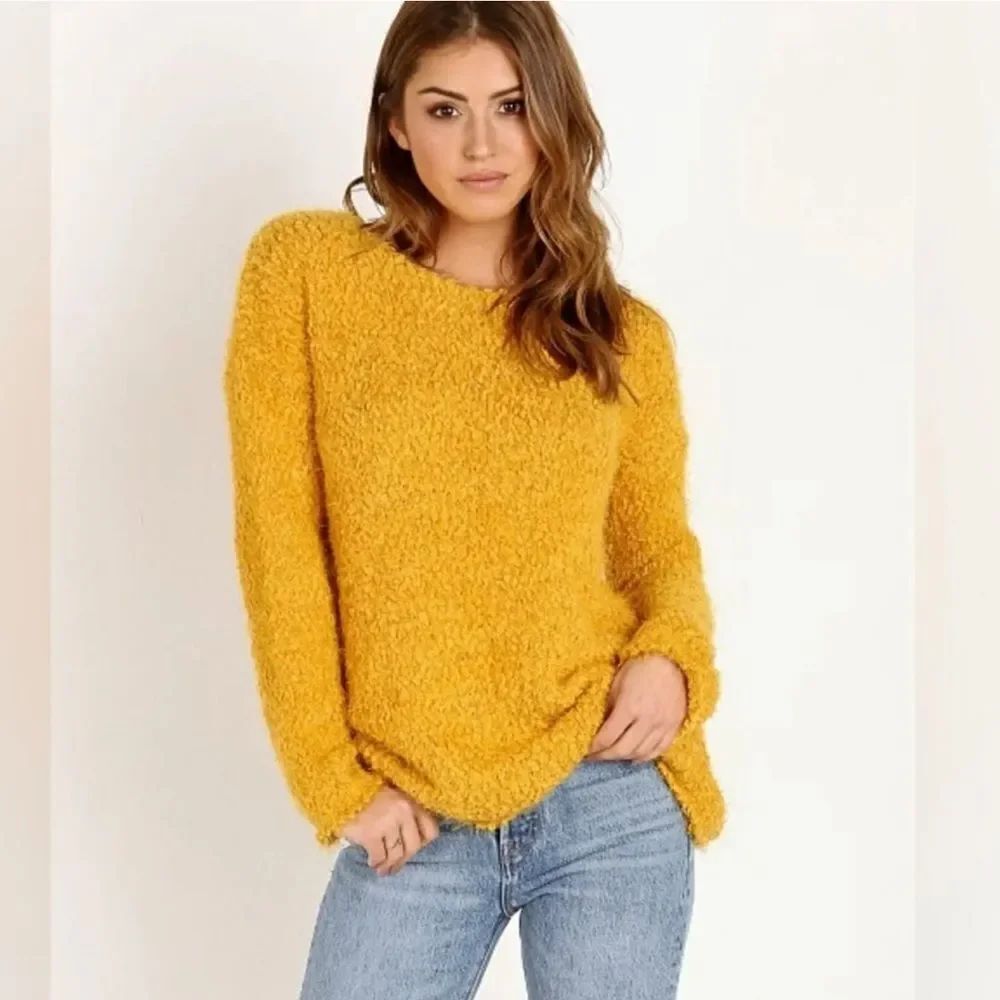 BB Dakota Debra Women's Boucle Mustard Fuzzy Sweater Size Small
